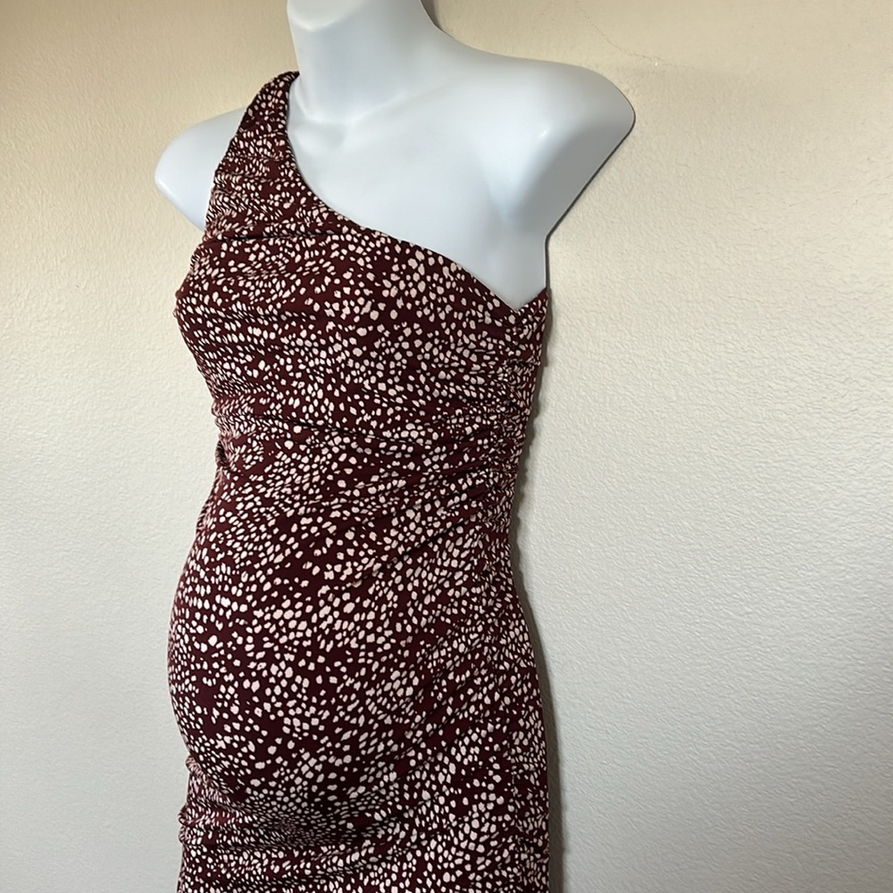 Pinkblush Brown Animal Print Asymmetrical One Shoulder Maternity Midi Dress - Picture 9 of 13